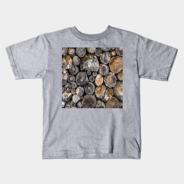 winter rustic scandinavian farmhouse firewood log Kids T-Shirt by Tina